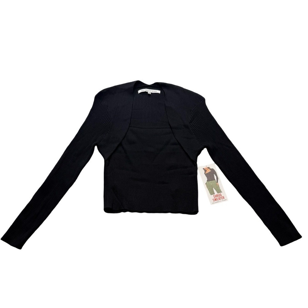 Celebrity Pink Ribbed Shrug Sweater Cropped Black Long‎ Sleeve Women's L